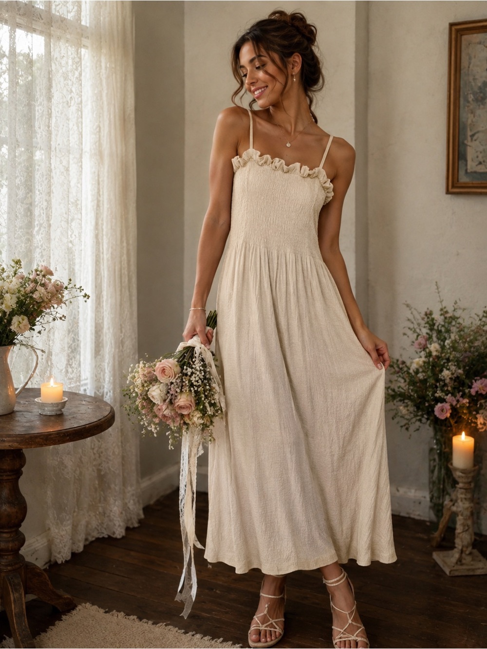 H&M Cream Smocked Ruffle-Trim Maxi Dress